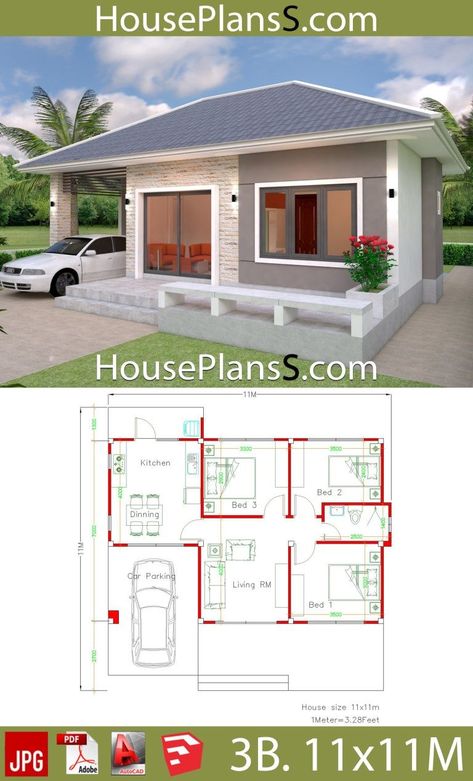 Simple House Design Plans 11x11 With 3 Bedrooms Full Plans House Design Plans, Three Bedroom House Plan, Affordable House Plans, Small House Layout, Two Story House, Interior Design Plan, Three Bedroom House, Modern Bungalow House, Plans House