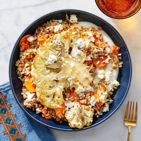 Recipe: Roasted Cauliflower & Farro Salad with Tahini-Yogurt Sauce - Blue Apron Meal Service, Blue Apron Recipes, Creamy Yogurt, Farro Salad, Grain Salad, Cauliflower Cheese, Cooked Carrots, Blue Apron, Yogurt Sauce