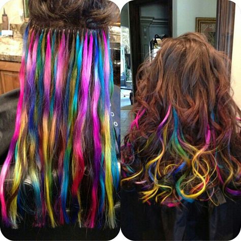 Vivid Hair Extensions, Rainbow Hair Highlights, Neon Hair Color, Pink Purple Hair, Rave Hair, Long Hair Tips, Bridal Hair Buns, Peekaboo Hair, Neon Hair