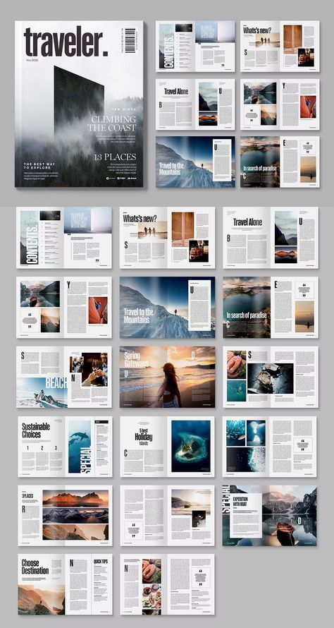 Modern Travel Magazine Template INDD Professional Magazine Layout, Layout Design Inspiration Magazine, Three Column Layout Design, Information Layout Design, Magainze Layout Design, Free Magazine Template, Magazine Layout Design Travel, Culture Magazine Layout, Maganize Design