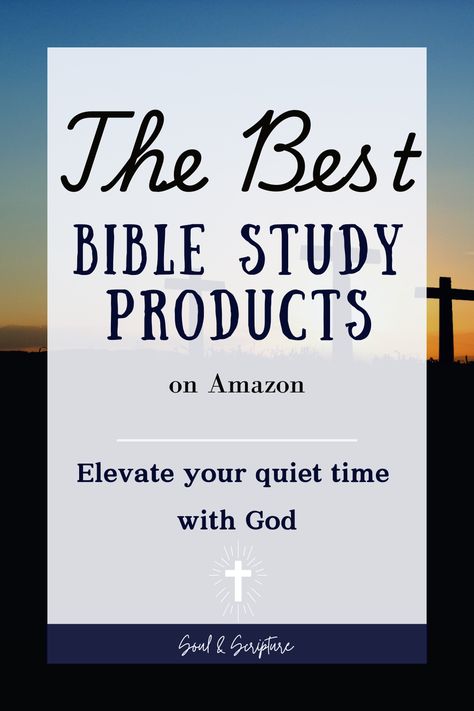 Discover the best Bible study products to enhance your quiet time with God, all available on Amazon. This pin features a serene background with a cross at sunset, emphasizing spiritual growth and connection. Text reads, "Elevate your quiet time with God," inviting you to explore tools like note-taking Bibles, highlighters, devotional books, and more. Ideal for anyone looking to deepen their faith and create meaningful moments with scripture. Brought to you by Soul & Scripture. Organized Bible, Bible Study Routine, Quiet Time With God, Bible Pages, Study Supplies, Study Routine, Study Books, Time With God, Bible Study Books