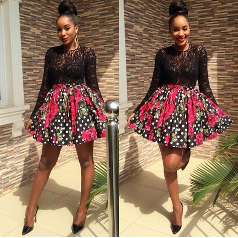 ❥♚ Flair Skirt Outfit, Ankara And Lace Combination Styles, Ankara And Lace Combination, Lace Combination Styles, Ankara And Lace, Gown Ankara, Style Ankara, Flair Skirt, Nigerian Style