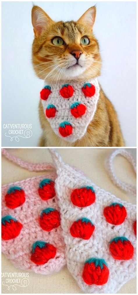 Crochet Cat Bandana Free Pattern, Strawberry Crochet Blanket, Cat Bandana Crochet Pattern, Cat Bandana Crochet, Strawberry Scarf Crochet, Strawberry Bandana Crochet, Strawberry Crochet Dog Hat, Crochet Bandana Strawberry, Crochet Craft Fair