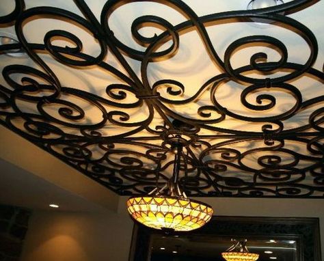 Faux Wrought Iron, Hallway Ceiling, Faux Iron, Wrought Iron Lights, Iron Ceiling, Wrought Iron Decor, Wrought Iron Table, Pan Rack, Ceiling Art