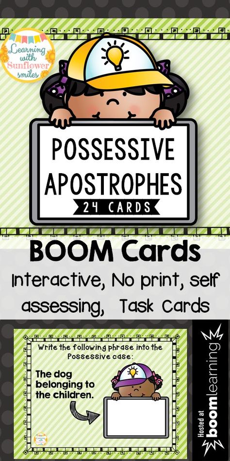 Possessive Apostrophes can be tricky!  Practice the rules with these Digital Task cards from Boom Learning. - Learning with Sunflower Smiles Possessive Apostrophe, Vocab Activities, Teaching Spelling, Esl Vocabulary, English For Beginners, 4th Grade Writing, Teaching English Grammar, Teaching English Online, Esl Activities