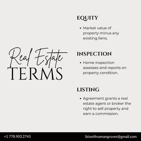 Understanding real estate terms like equity, inspections, and listings can give you a major advantage when buying or selling a home. Equity shows your financial ownership in a property, inspections ensure your investment is in good condition, and a listing agreement allows agents to help you sell. Knowing these key concepts makes the real estate process smoother and more transparent.

-
-
-

📞 +1 778.903.2745  
💻 listwithramangrover@gmail.com Real Estate Notes, Real Estate Agent Aesthetic, Beginner Real Estate Agent, Real Estate Contract, Real Estate Terms, Getting Into Real Estate, Purchase Agreement, Equity Market, Contract Agreement