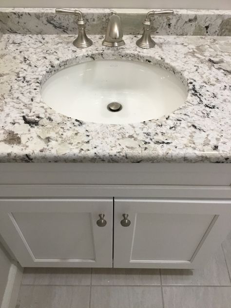 Colonial White Granite, Delicatus White Granite, White Granite Countertops, Bathroom Cabinetry, Granite Colors, Grey Granite, White Granite, White Vanity Bathroom, Bathroom Remodel Shower