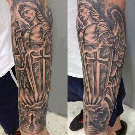 Mens Forearms Magnificient Guardian Angels Tattoo Guardian Angel Tattoos, Angel Warrior Tattoo, Angel Sleeve Tattoo, Guardian Angel Tattoo Designs, Guardian Angel Tattoo, Archangel Tattoo, Angel Tattoos, Men Tattoos, Warrior Tattoos