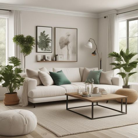 Living Room Inspo Cozy Small Spaces, Beach Inspired Living Room Small Spaces, Modern Calm Living Room, Beach Vibe Living Room, Modern Scandinavian Interior Living Rooms, Living Room With White Sofa, Living Room With Flowers, Vibe Living Room, Living Room White Couch