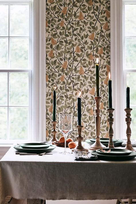 green Pear Wallpaper, Anthropologie Candle, Block Print Wallpaper, A Street Prints, Dining Room Wallpaper, Jungle Wallpaper, Statement Wall, Grasscloth Wallpaper, Kitchen Wallpaper