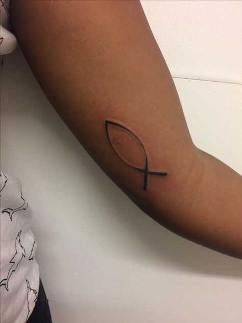 Jesus Christ God Son Saviour #tattoo #Ichthys #darkskin #upperarmplacement #insidearm #christiantattoo #simple #art Ichthys Tattoo, Jesus Son, Mark 10 9, Son Tattoo, Tattoo For Son, Tattoo Stencil, Random Image, Line Tattoos, Couple Tattoos