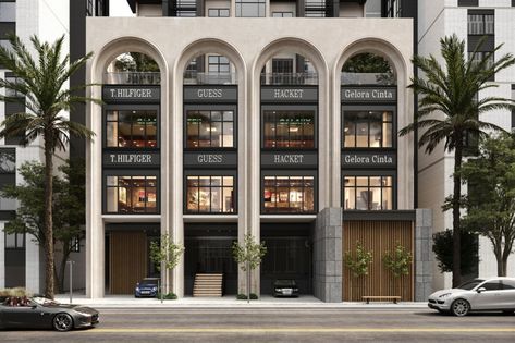 Commercial Buildings Facade, Restoration Hardware Building, Modern Classic Building Facade, Comercial Building Exterior Design, Commercial Building With Apartment, Exterior Design Commercial Building, Shophouses Design Architecture, Elevation Design Commercial Building, Classic Commercial Building Exterior