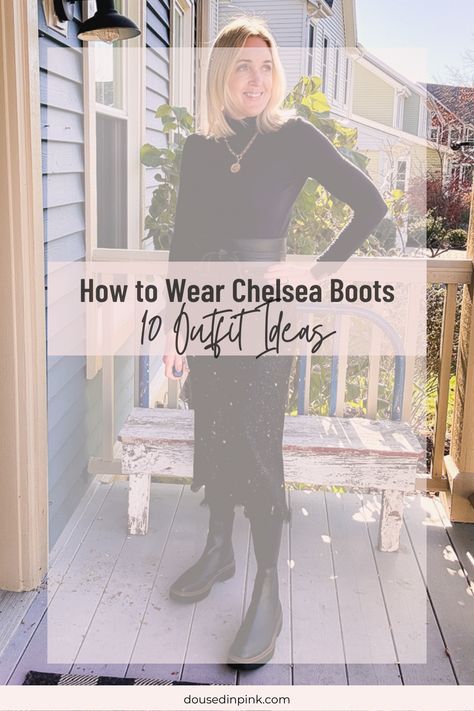 Discover the ultimate guide on how to wear Chelsea boots this fall! Ten outfit ideas to recreate so that you can embrace the season in style. Chelsea Boots Business Casual Women, Dresses And Chelsea Boots, Chelsea Boots And Skirts, Dresses With Chelsea Boots Outfits, Skirts With Chelsea Boots, Chelsea Boots Outfit Dressy, Chelsea Boots With Skirt Outfit, Chelsea Boots And Jeans Outfit, Styling Black Chelsea Boots