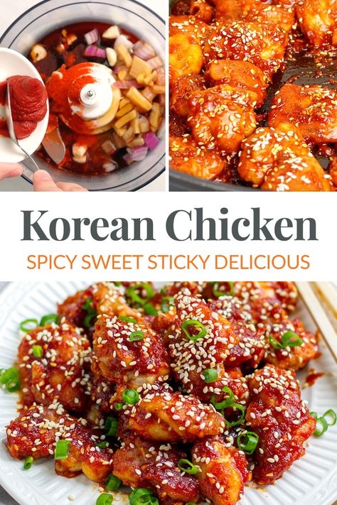 This Korean spicy chicken recipe is incredibly delicious and packed with flavour. Tender, juicy chicken pieces are pan-fried and coated in a mouthwatering spicy, sweet, and savoury Korean sauce. This recipe is inspired by the popular KFC (Korean fried chicken) and is a healthier version, gluten-free and paleo-friendly. Healthy Asian Chicken Recipes, Korean Spicy Chicken, Korean Sauce, Chicken Recipe Healthy, Spicy Korean Chicken, Grilled Prawns, Spicy Chicken Recipes, Korean Chicken, Spicy Korean