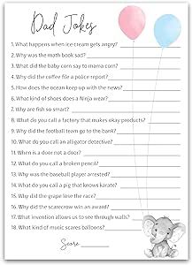 DAD JOKES Gender Reveal Party Game, Daddy Jokes Baby Shower Trivia Games — Pack of 25 — Fun Dad Joke Game, Elephant Pink or Blue, Funny Trivia, Baby Sprinkle, Co-ed Couples Shower, Birthday G510-DJK Baby Sprinkle Games, Gender Reveal Party Games, Couple Games, Trivia Games, Math Books, Couple Shower, Baby Sprinkle, Dad Jokes, Reveal Parties