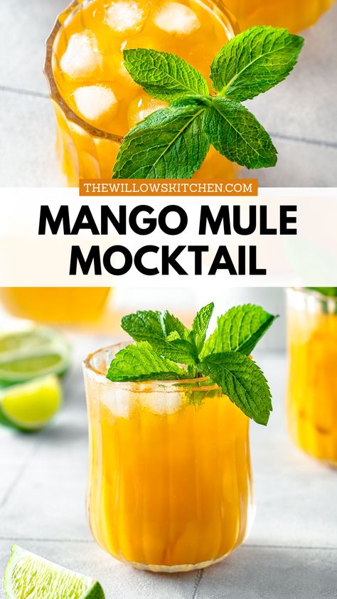 Photo of Mango Mule Mocktail in a glass with fresh mint garnish Mocktail Mule, Tropical Mocktails Non Alcoholic, Vegan Mocktail, Mango Mocktails Non Alcoholic, Mango Mojito Recipe Non Alcoholic, Mango Mocktail Recipe, Mango Moscow Mule, Mango Mule Mocktail, Mango Mule