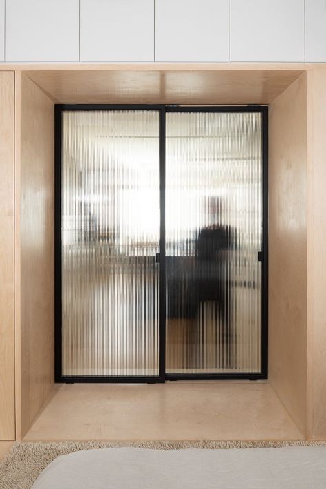 Ribbed glass door! post: Brooklyn Loft Renovation by Dean Works. via Dwell Fluted Glass Sliding Doors, Fluted Glass Partition Sliding Doors, Ribbed Glass Sliding Door, Ribbed Glass Partition, Fluted Sliding Door, Fluted Glass Sliding Door, Glass Wall Kitchen, Ribbed Glass Door, Fluted Glass Partition