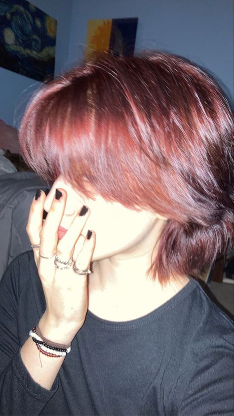 red hair Dark Red Peekaboo Hair, Peekaboo Hair Color Red, Dark Red Short Hair, Peekaboo Hair Dye, Short Dark Red Hair, Burgundy Short Hair, Red Peekaboo Hair, Under Dye, Dark Red Hair Dye