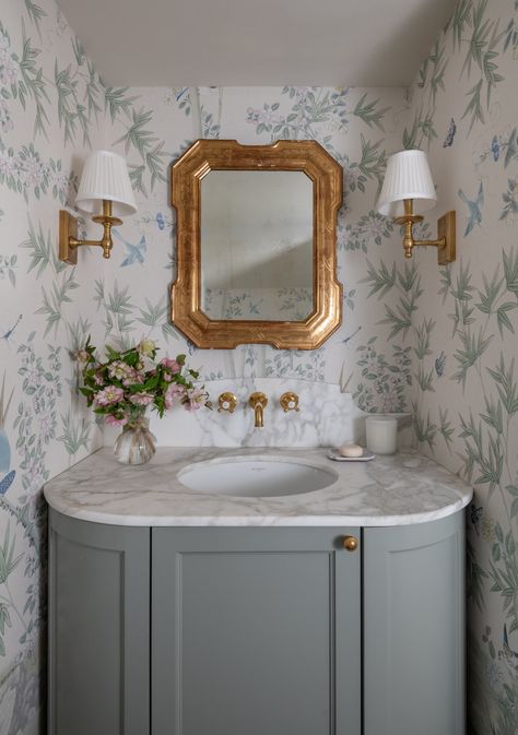 **Embrace Curves** Powder Room Countertop, Curved Bathroom Backsplash, Curved Bathroom Vanity Cabinets, Painted Powder Room Vanity, Manor Bathroom Aesthetic, Curved Marble Backsplash, Bathroom Sink Backsplash, Wallpaper And Tile Bathroom, Curved Vanity