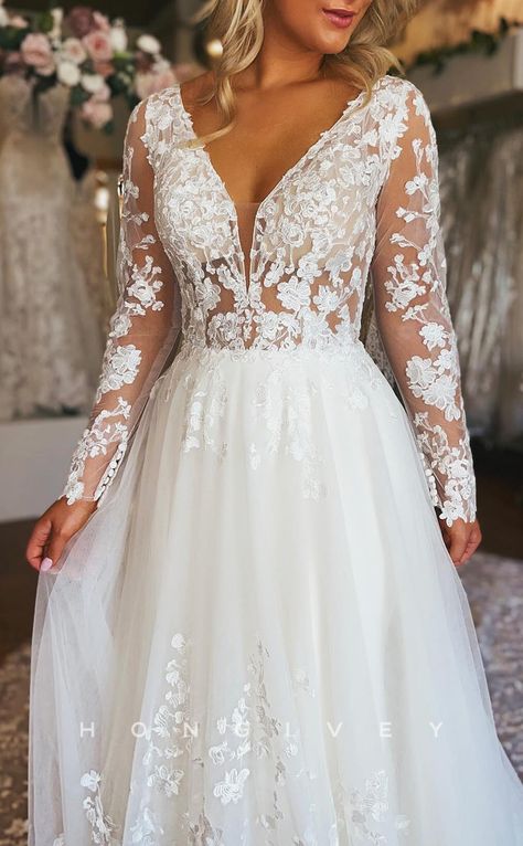 H1638 - Chic Tulle A-Line V-Neck Long Sleeve Illusion Empire Lace Appl Long Sleeve Country Wedding Dress, Flowy A Line Wedding Dress With Sleeves, Empire Line Wedding Dresses, Long Sleeve Wedding Dresses With Floral Embroidery, Vintage Lace Wedding Dress With Sleeves, Long Sleeve Wedding Dress A Line, Wedding Dress Plus Size Sleeves, Bridal Dress Shopping Outfit, Long Sleeve Lace Wedding Dress Vintage