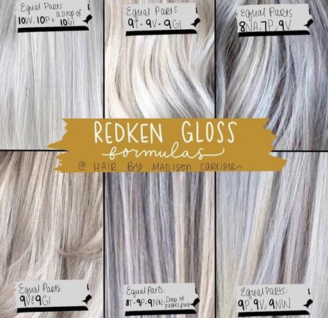 Redken Gloss, Redken Color Formulas, Toning Bleached Hair, Shades Formulas, Toner Formulas, Hair Formulas, Blonde Toner, Hair Formula, Redken Hair Color