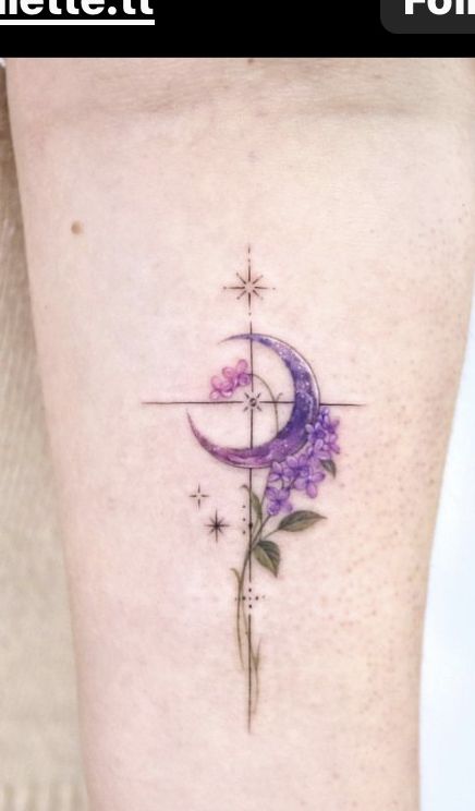 Tattoo Ideas Female Lavender, Moon And Lavender Tattoo, Lavender Moon Tattoo, Violet Evergarden Tattoo, Purple Tattoo Ideas, Lilac Tattoo Design, Lilac Tattoos, Amethyst Tattoo, Lavender Tattoo Design