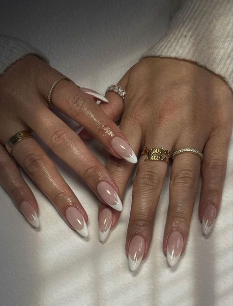 French Tip Funny Bunny, Long French Almond Nails, Half Moon French Nails, White Chrome French Tip, Sparkly French Tip Nails, Sparkly French Tips, Chrome French Tip, Chrome French, Long Almond Nails