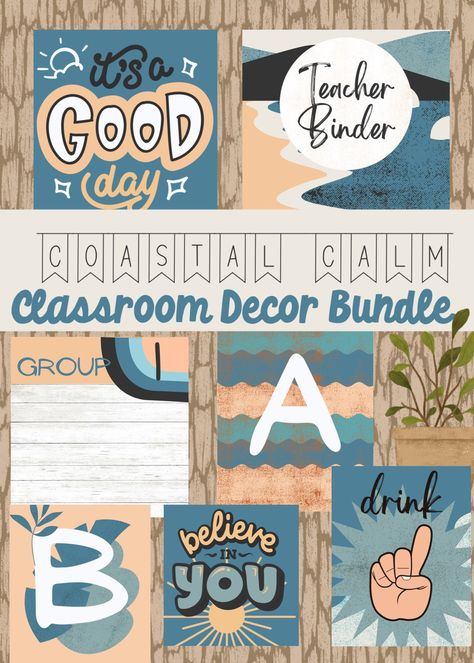 Classroom Decor Printables, Calm Classroom Decor, Modern Classroom Decor, Teacher Desk Areas, Calming Classroom, Natural Classroom, Beach Theme Classroom, Boho Rainbow Decor, Coastal Calm