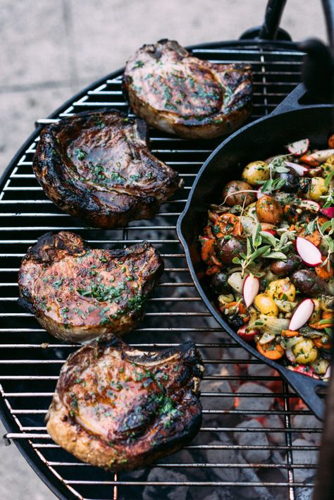 Tyler Florence’s Grilled Pork Chops with Herb Butter Campfire Potatoes, Pork Chop Brine, Pork Chop Recipes Grilled, Bbq Pork Chops, Tyler Florence, The Perfect Steak, Pork Chop Dinner, Grilled Potatoes, Bacon Tomato