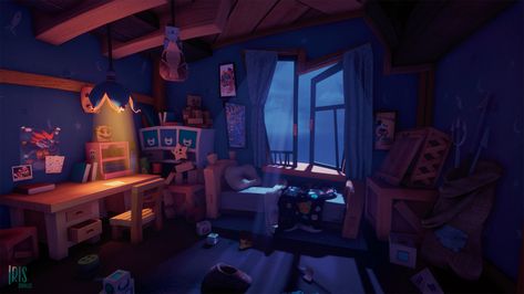 Fantasy Dorm Room Concept Art, Messy Room Concept Art, Drawing Lighting, Anime Bedroom Night Background, Stylized Room Concept Art, Living Room Cartoon Background Night, Bedroom Illustration, Concept Art Books, Bedroom Scene