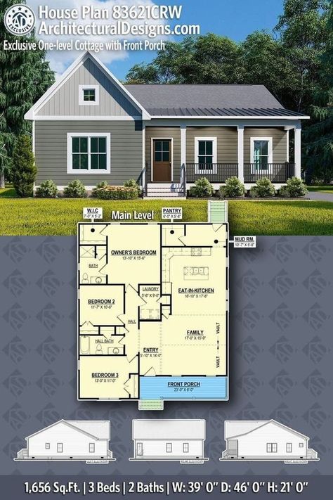 Small House Plans 3 Bedroom Simple, Cottage With Front Porch, Freezer Salsa, Bathroom Objects, Small Cottage House Plans, Kitchen Objects, Aesthetic Architecture, Cottage Style House Plans, Building Plans House