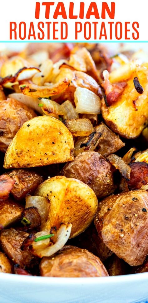 Italian Roasted Potatoes  with pancetta, onion, and rosemary. Italian Roast Potatoes, Italian Roasted Potatoes, Spicy Recipes Easy, Starch Sides, Food Potatoes, Italian Potatoes, Greek Foods, Italian Roast, Roasted Red Potatoes