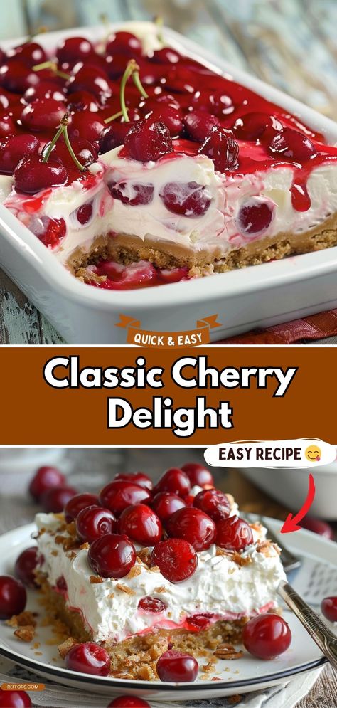 This Classic Cherry Delight is a timeless dessert with layers of creamy filling, sweet cherry topping, and a buttery graham cracker crust. It’s an easy, no-bake treat that’s perfect for any occasion. #CherryDessert #NoBakeTreats #DessertHeaven Desserts With Cherry Filling, Fruit Salad Dessert Recipes, Healthy Fruit Pie, Cherry Lush Dessert Recipe, Cherry Delight Dessert 9x13, Easy Cherry Pie Filling Desserts, Cherry Surprise Dessert, How To Make Cherry Pie Filling, No Bake Cherry Dessert