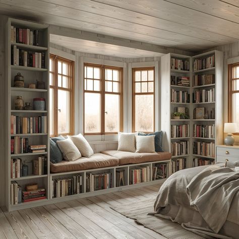 Library Room Window Seat, Built In Window Seat With Drawers, Reading Study Room, Reading Nook In Bedroom Window, Storage Cabinets Around Window, Window Library Nook, Under The Window Bookshelf, Built In Around Bay Window, Reading Book By Window