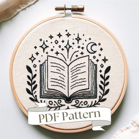 This is a hand embroidery pattern meant for all skill levels. Get to work right after receiving your instant download!  Whole Shop Bundle (260+ Patterns): https://theunraveledthreads.etsy.com/listing/1735215929/whole-shop-bundle-hand-embroidery Bookish Mini Bundle: https://theunraveledthreads.etsy.com/listing/1759490813/mini-bundle-bookish-hand-embroidery *Please note: This does not include a stitching guide. This is a traceable pattern only. See photo section for example of PDF downloads.  This Book Embroidery Design, Dark Academia Embroidery Ideas, Embroidery Clothes Ideas, Geeky Embroidery Patterns, Dark Academia Embroidery, Embroidery Patterns Templates, Academia Embroidery, Spooky Embroidery Patterns Free, Bookshelf Embroidery Pattern