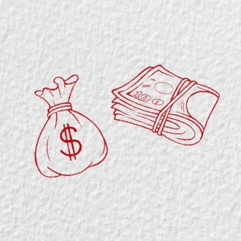 Money Flash Tattoo, Money Bag Outline, Red Dollar Sign Tattoo, Money Doodle Art, Bag Of Money Tattoo, Small Money Bag Tattoo, Money Stack Drawing, Liner Tattoo Design, Small Money Tattoo