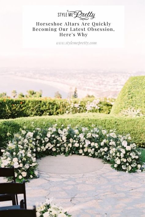 Ceremony Arch White Flowers, White Rose Ceremony Arch, White Floral Ceremony Aisle, Ampitheater Wedding Ceremony, Sunnybrae Estate Wedding, White Floral Centerpieces, Wedding Horseshoes, Sedona Wedding, Wedding Altars