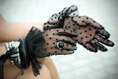 dots Polka Dot Gloves, Sheer Gloves, Goth Clothes, Fashion Gloves, Gloves Fashion, Vintage Gloves, Polka Dot Nails, Lace Gloves, Black Gloves