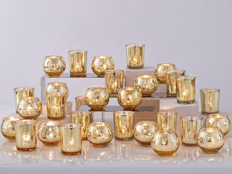 PRICES MAY VARY. 🌺HIGH QUALITY AND 48PCS ASSORTED CANDLE HOLDER🌺 : These charming cute candle holders are made of thick & strong glass, which are durable and not easy to break. Each order will consist of 24pcs 2.16-Inch Speckled Mercury Glass Votives and 24pcs 2-Inch Round Mercury Glass Votives .(Candles Excluded), 🌺CUTE SIZE🌺: The ROUND votive tealight candle holder's is 2ʺ diameter (top) and 2ʺ height approximately, the regular candle holder's size is 2.17ʺ diameter (top) and 2.67ʺ height Gold Votive Candle Holders, Gold Votive Candles, Fall Party Decorations, Mercury Glass Candles, Mercury Glass Candle Holders, Gold Candle Holders, Gold Wedding Decorations, Cute Candles, Engagement Party Decorations