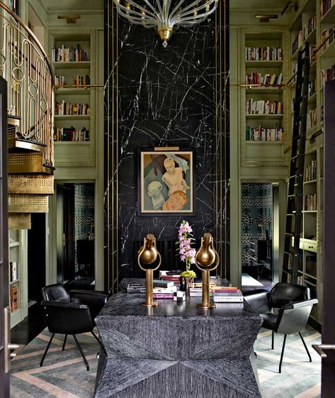 Glamorous dark and moody Mercer Island home Interior Art Deco, Kelly Wearstler Interiors, Arte Art Deco, Mercer Island, Art Deco Rugs, Home Libraries, Beautiful Interior Design, Design Del Prodotto, Kelly Wearstler