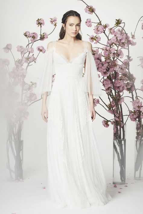 WedLuxe – Marchesa Notte – Spring 2018 Bridal Collection |  Follow @WedLuxe for more wedding inspiration! Modified A Line Wedding Dress, Bell Sleeve Wedding Dress, Grecian Wedding Dress, Greek Wedding Dresses, Wedding Gown A Line, Grecian Wedding, Ethereal Wedding Dress, Different Wedding Dresses, How To Dress For A Wedding