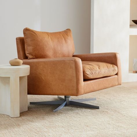 West Elm Nelson Leather Swivel Chair - AptDeco Low Profile Leather Chair, Swivel Leather Chair, Cognac Leather Chair, Townhome Interior, Saddle Leather Chair, Front Room Office, Cabin Design Ideas, West Elm Sofa, Social Room