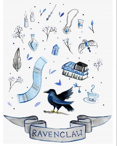 Ravenclaw Aesthetic Drawing, Ravenclaw Art Drawings, Cute Ravenclaw Wallpaper, Ravenclaw Aesthetic Pictures, Ravenclaw Character Art, Harry Potter Tattoos Ravenclaw, Ravenclaw Doodles, Ravenclaw Watercolor, Ravenclaw Printable