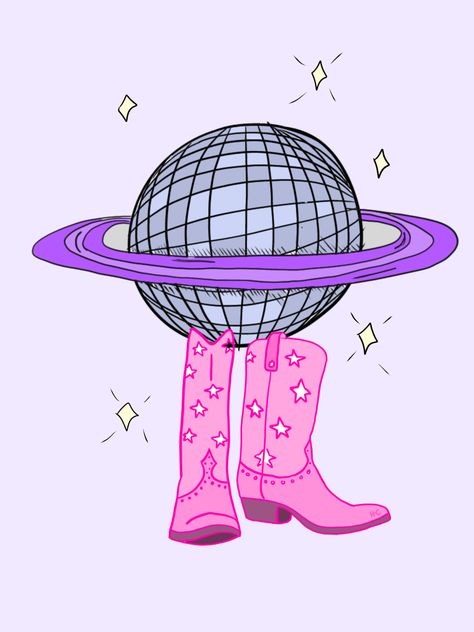 Space Cowgirl Wallpaper, Cowboy Hat Aesthetic Wallpaper, Cowboy Disco Aesthetic, Disco Space Cowgirl, Disco Cowboy Wallpaper, Disco Doodle, Space Cowboy Decorations, Disco Cowboy Tattoo, Space Cowboy Classroom Theme