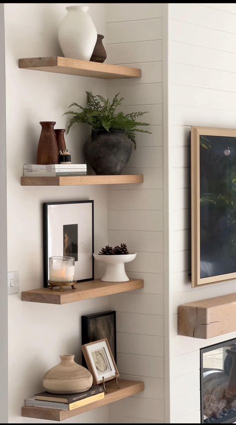 Fireplace Shelves Floating, Floating Shelves Next To Fireplace, Tv Floating Shelves Ideas Tv Walls, Floating Shelves Living Room, Shelf Decor Living Room, Build Home, Fireplace Shelves, Styling Shelves, Living Room Shelves