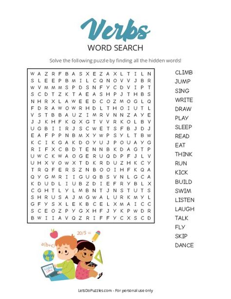 Free Printable Verbs Word Search Puzzle Verb Word Search, Word Puzzles Printable, Verbs For Kids, Reading Corner Classroom, Verbs Worksheet, Word Search For Kids, Verbs Activities, Verb Words, English Notes