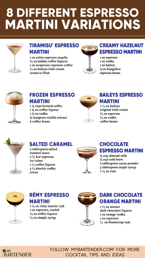 Espresso Martini Variations Espresso Martini Mock Tail, Different Espresso Martini, Stok Espresso Martini, The Making Of The Perfect Martini, Espresso Liqueur Cocktails, Espresso Martini Popsicle, Fall Expresso Martini, Maple Bourbon Espresso Martini, Martini Glass Recipes