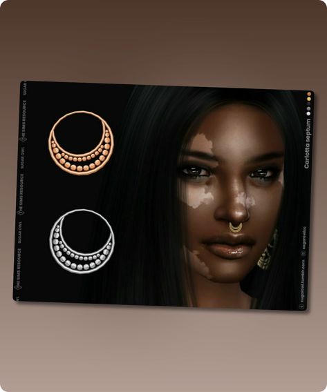 Sims 4 Carlotta septum Septum piercing ring with metal pearls for male and female sims. new mesh base game compatible all LODs 5 swatches HQ compatible all genders, unisex Teen Adult Elder custom thumbnails category: nose ring (right) Enjoy! Filesize: 376 KB Recoloring Allowed: Yes – Do not include mesh Polycount LOD 0 (highest): 1952Continue reading "Carlotta Septum" #unisex #metal #rings #elder #sims4 #base_game Septum Sims 4 Cc, Female Sims, Sims 4 Cc Download, Septum Piercings, Piercing Ring, Sims 4 Cc Finds, Septum Piercing, Cc Finds, Sims 4 Cc