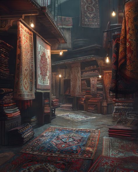 Carpet Street - A bazaar street filled with all kinds of authentic and exotic carpets. - #photoshop #paintover #midjourney #mattepainting #digitalart #digitalpainting #painting #fantasy #conceptart #artdirection #illustration #environment #mood #architecture #turkish #bazaar #market #street #stalls #carpet #rug #alley #middleeastern #exotic #pattern #authentic #textile #mysterious #magical Bazaar Concept Art, Fantasy Bazaar Concept Art, Fantasy Street Market, Night Market Concept Art, Fantasy Market, Turkish Bazaar, Medieval Market Place, Medieval Alleyway, Turkish Architecture