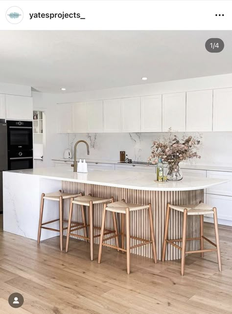 #byarchitectsforarchitects #roundhousekitchens  #roundhousekitchendesign #kitchenisland Island Bench Styling, Curved Island Bench, Vermont Kitchen, Curved Island, Modern Coastal Kitchen, Amazing Interior Design, Kitchen 2023, Pole House, Coastal Kitchen Design